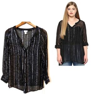 Qurvii Sheer Button Front Metallic Stripe Blouse Roll Sleeve Size Medium